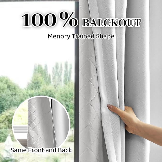 3-in-1 100% Blackout Curtains 90 Inches Long, Thermal Insulation, Soundproof Back Tab Drapes for Bedroom Living Room Sliding Glass Door, with Pin Hooks, Grayish White 50x90Inch 1 Panel