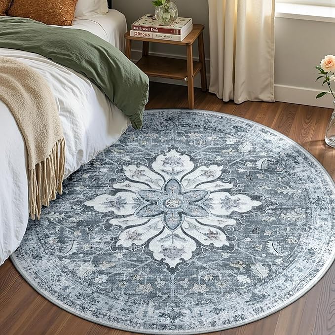 Area Rugs 4ft Washable Non-Slip, Floral Vintage Distress Print Pattern Medallion Carpet for Living Room Bedroom Dining Room, Light Gray Grey White