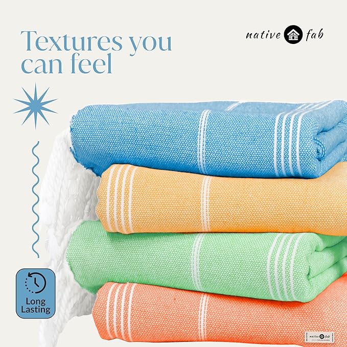 Native Fab Turkish Beach Towels 4 Pack, Oversized 40"x71", Quick Dry, Sand Free, Lightweight, Absorbent, Multipurpose Travel & Pool Towels - Orange, Mustard Yellow, Aqua Green, Turquoise Blue