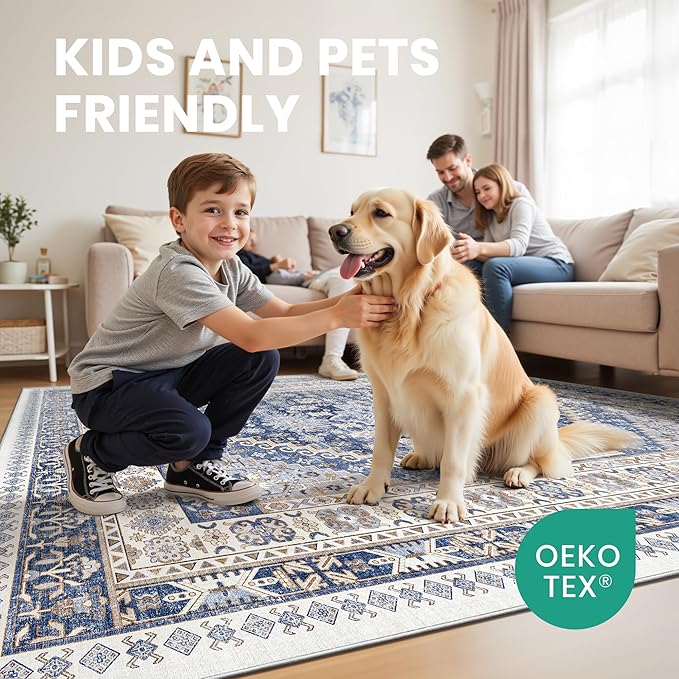 zesthome 7x9 Area Rug, Super Soft Washable Rugs for Living Room, Non-Slip Stain Resistant Vintage Rugs, Ultra-Thin Large Area Rugs (Blue/Beige,7'x9')