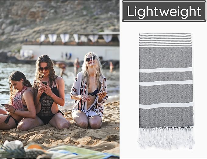Premium Turkish Beach Towel – 100% Cotton, Quick Dry, Sand Free, Oversized Quick Dry Towel 35”x 67” – Ideal for Travel, Pool, and Beach Blanket – Black Color