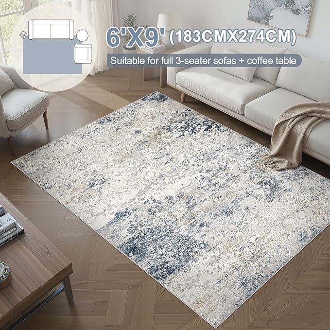 Area Rug Living Room Rugs - 6x9 Abstract Large Soft Indoor Washable Rug Neutral Modern Low Pile Carpet for Bedroom Dining Room Farmhouse Home Office - Beige Blue