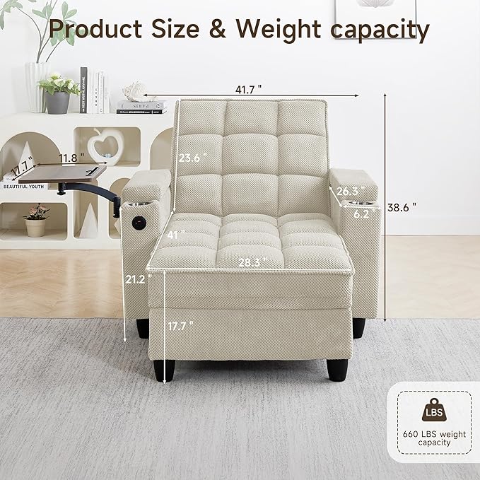 41.7" Chaise Lounge Chair Indoor, Oversized Boucle Upholstered Sofa Bed, Adjustable Backrest Deep Seat Reading Chair, Sofas Couches for Living Room with Storage, Cup Holders & 360° Swivel Side Table