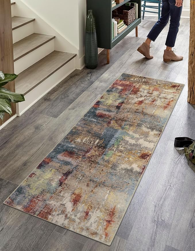 Lahome Modern Abstract Kitchen Runner Rugs Non Skid Washable, 2x6 Rug Runners for Hallways Bathroom Laundry Room, Non Slip Indoor Floor Carpet Runner for Bedroom Home Decor, Red/Multi