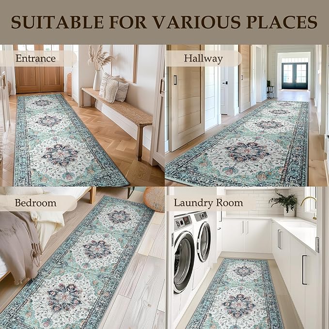 Area Rugs 2'x10' Washable Non-Slip, Floral Vintage Distress Print Pattern Medallion Carpet for Living Room Bedroom Dining Room, Green Navy Blue White Red Teal Colorful