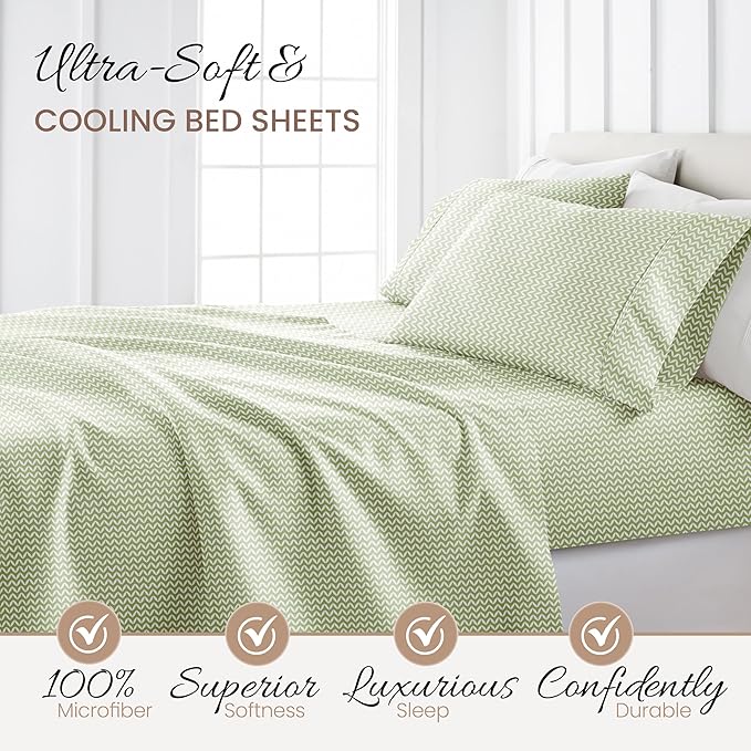 Linen Market Double-Brushed Patterned Microfiber Queen Sheet Set 4 Piece – Oeko-TEX Certified Ultra Soft & Wrinkle-Free - 16" Deep Pocket Sheets - Easy Care Queen Size - Puffed Chevron Sage