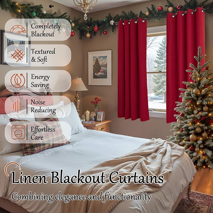 Red Christmas 100% Linen Blackout Curtains 63 Inch Long 2 Panels, Thick Heavy Thermal Insulated Cold Blocking Noise Reducing Window Curtains for Winter Decoration, Each 52x63 Inch 2 Panels