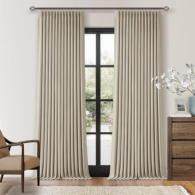 112 Inch Linen Blackout Curtains 112 Inches Long for Bedroom Neutral Boho Pinch Pleated 100% Black Out Room Darkening Sound Dampening Window Drapes Double Layer Soundproof 112 Inch Curtains Oatmeal