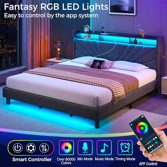 Rolanstar King Size Bed Frame, Storage Headboard with Charging Station and LED Lights, Upholstered Bed with Heavy Duty Wood Slats, No Box Spring Needed, Noise Free, Easy Assembly, Dark Grey