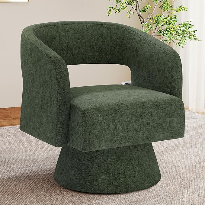 Swivel Accent Chair, Modern Comfy Chenille Barrel Chairs, Oversized Upholstered Round Arm Chair for Living Room, Bedroom, Reading Room, Green, 1 PCS