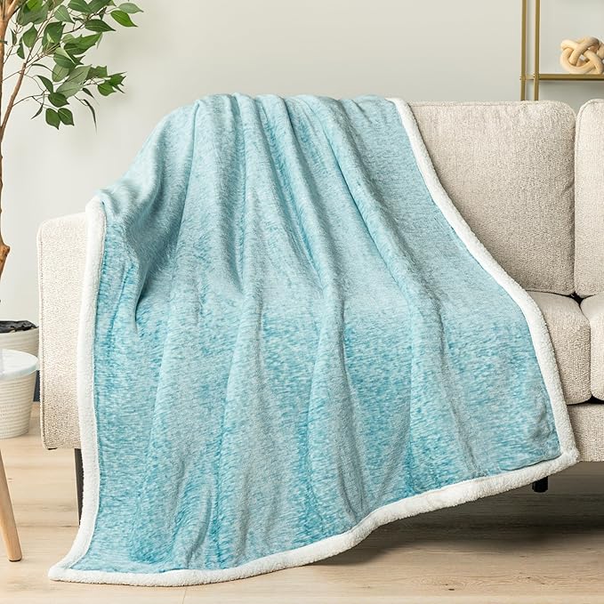 PAVILIA Melange Teal Blue Sherpa Blanket Throw Couch, Warm Soft Cozy Reversible Blanket Sofa Bed, Thick Plush Large Fleece Car Blanket, Decorative Home Room Decor Gifts Men Women, 50x60 Turquoise Aqua