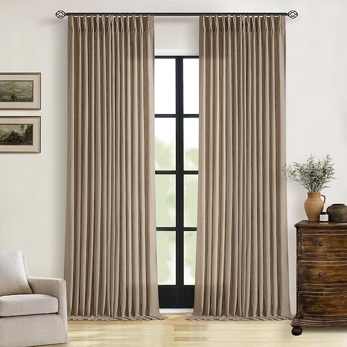 Farmhouse Tan Brown Linen Curtains 102 Inches Long for Living Room Pinch Pleated Drape with Hooks Rings for Track System Light Filtering 102 Inch Curtain for Bedroom Sliding Patio Door 2 Panels