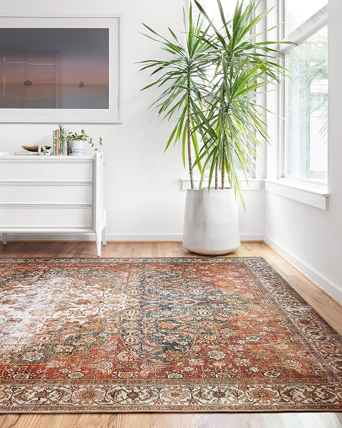 Loloi Layla Collection LAY-05 Ocean/Multi 7'-6" x 9'-6" .13" Thick Area Rug, Soft, Durable, Vintage Inspired, Distressed, Low Pile, Non-Shedding, Easy Clean, Printed, Living Room Rug