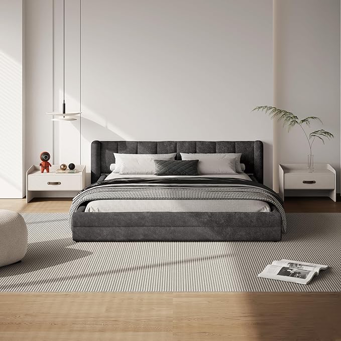 DEINPPA Queen Size Bed Frame with Cloud Soft Headboard, Chenille Upholstered Grounded Wood Base Bed Frame, No Box Spring Needed-Dark Grey