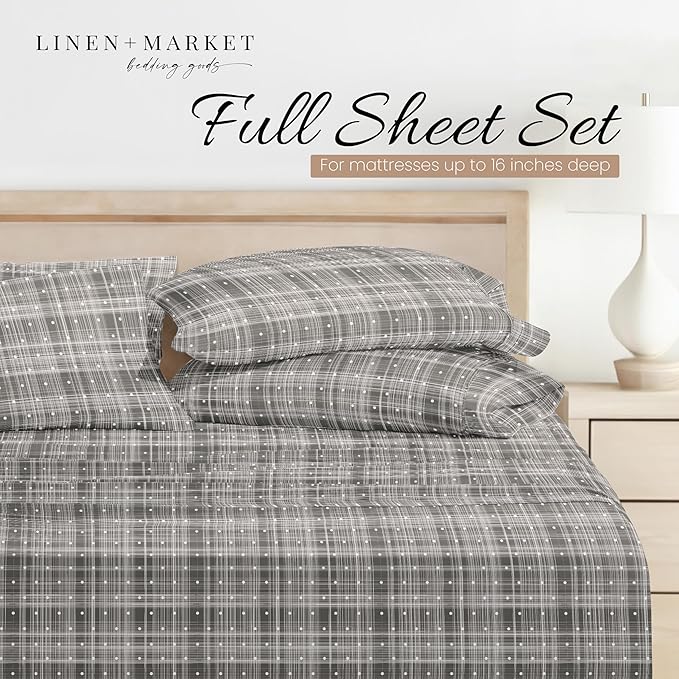 Linen Market Double-Brushed Patterned Microfiber Full Sheet Set 4 Piece – Oeko-TEX Certified Ultra Soft & Wrinkle-Free - 16" Deep Pocket Sheets - Easy Care Full Size - Polka Dot Gray