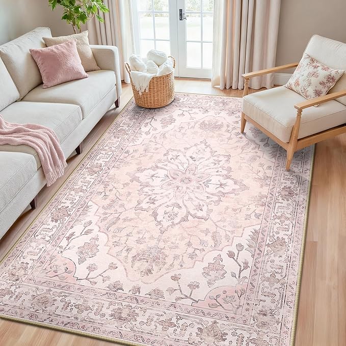 Area Rugs 5'x8' Washable Non-Slip, Floral Vintage Distress Print Pattern Medallion Carpet for Living Room Bedroom Dining Room, Pink Greypink Cute