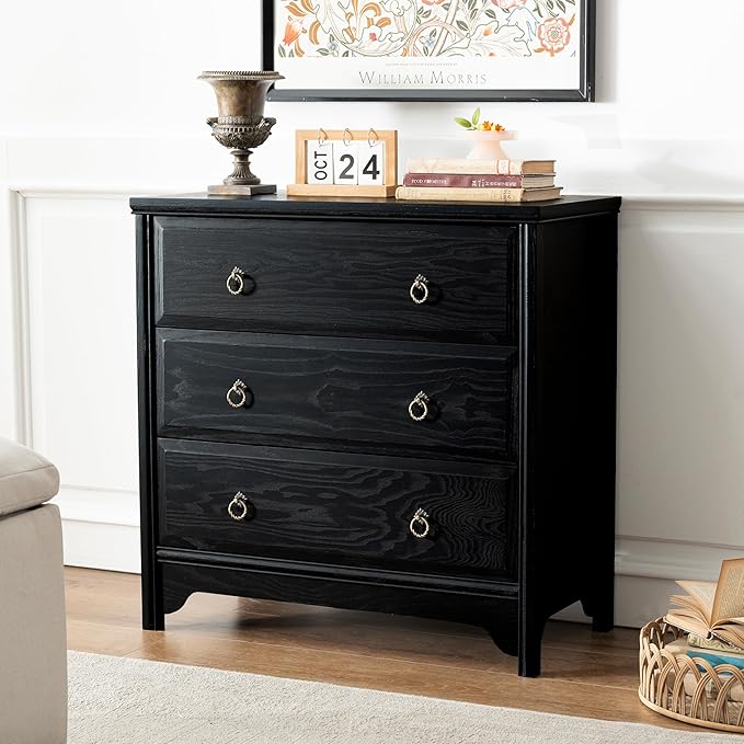 Chogori Solid Wood Dresser for Bedroom- Natural Wood Veneers & Water Based Paint Finished- Vintage Chests of Drawers, Small 3 Drawer Dresser (1, Black)