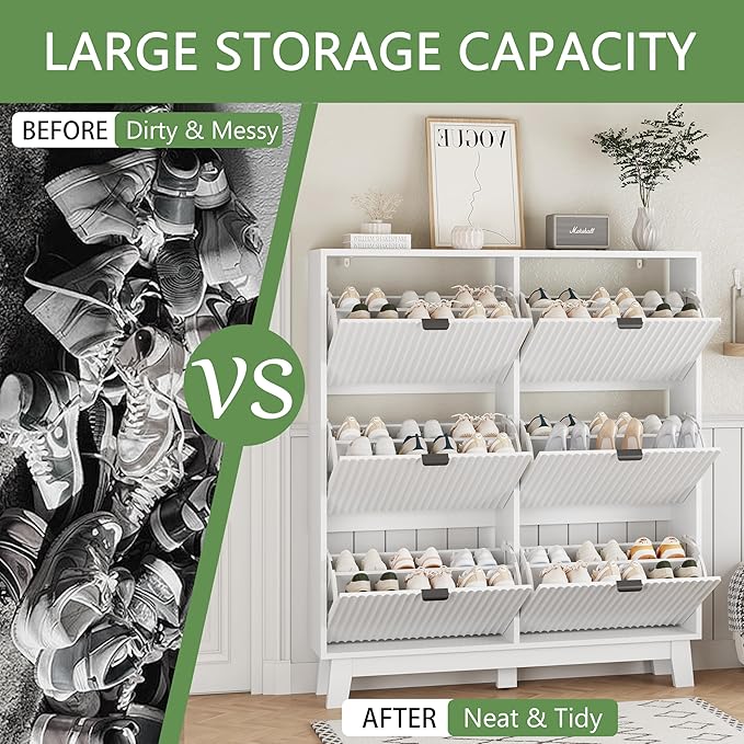 Shoe Cabinet with 6 Flip Drawers, 54" Tall Narrow Fluted Shoe Storage Organizer for Entryway, Hidden Slim Wooden Shoe Rack Cabinet for Front Door Entrance, Hallway, Living Room, Solid White