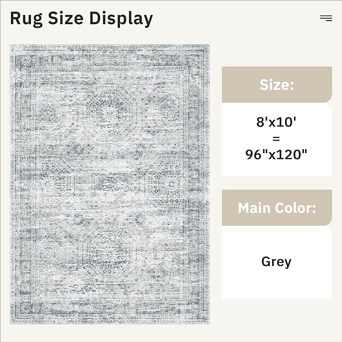 Washable Area Rug 8x10, Large Soft Rugs for Living Room Farmhouse Vintage Gray Area Rugs for Bedroom Dining Room Non-Slip Stain Resistant Under Table Rug Grey