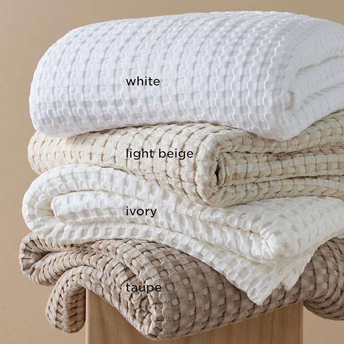 Bedsure Cooling Cotton Waffle Full Size Blanket - Lightweight Breathable Blanket of Rayon Derived from Bamboo for Hot Sleepers, Luxury Throws for Bed, Couch and Sofa, Ivory, 80x90 Inches