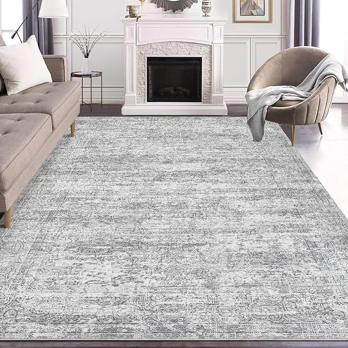 Area Rug Living Room Rugs - 7x9 Large Soft Indoor Neutral Modern Abstract Low Pile Washable Rug Carpet for Bedroom Dining Room Farmhouse Home Office - Vintage Grey