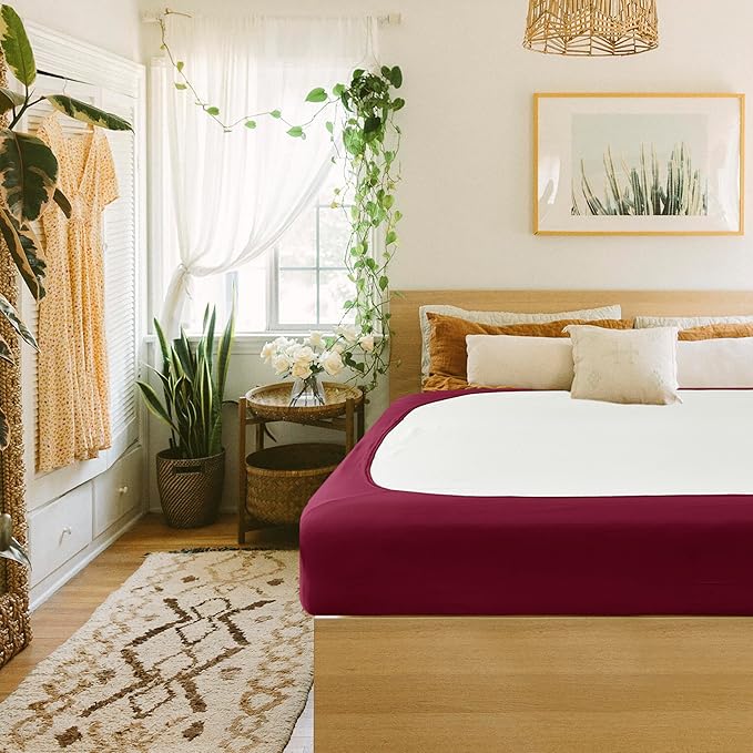 Biscaynebay Decorative Box Spring Cover Full & Full XL Size, Burgundy Luxurious Jersey Knitting Stretchy Wrap Around 4 Sides Bed Skirt for Home/Hotels, Easy Fit Wrinkle & Fade Free Machine Washable