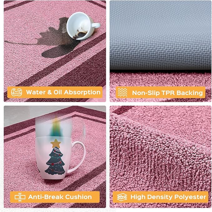 Kitchen Rugs 24" x 36", Non-Slip Machine Washable Kitchen Runner Rugs Floor Mats, Absorbent Comfort Standing Mats for Kitchen, Sink, Laundry and Hallway, Pink & Burgundy Red