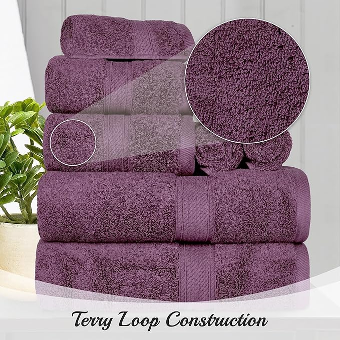 SUPERIOR Egyptian Cotton Pile Bath Towel Set of 4, Ultra Soft Luxury Towels, Thick Plush Essentials, Absorbent Heavyweight, Guest Bath, Hotel, Spa, Home Bathroom, Shower Basics, Plum