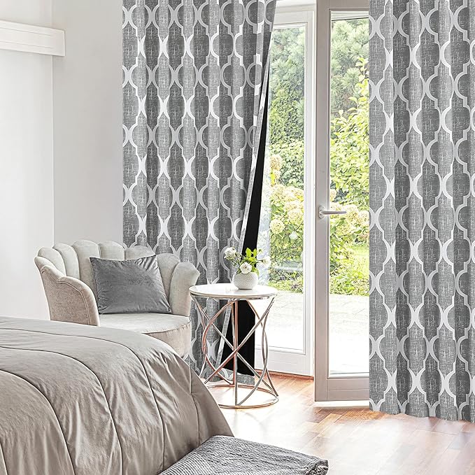 Beauoop 100% Blackout Curtains 84 Inches Long 2 Panels for Bedroom Living Room Grey Moroccan Geo Room Darkening Thermal Insulated Soundproof Rod Pocket Back Tab Window Treatments Drapes, 50x84