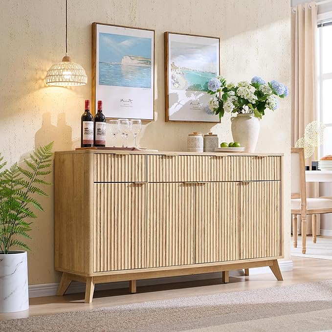 T4TREAM Large Buffet Sideboard Cabinet with Storages, 60" Fluted Modern Buffet Table Coffee Bar Wine Bar Storage Cabinet with 3 Drawers & 4 Doors for Dining Room, Living Room, Hallway(Natural Oak) | with Storages, Coffee Bar, Wine Bar, Storage Cabinet,...