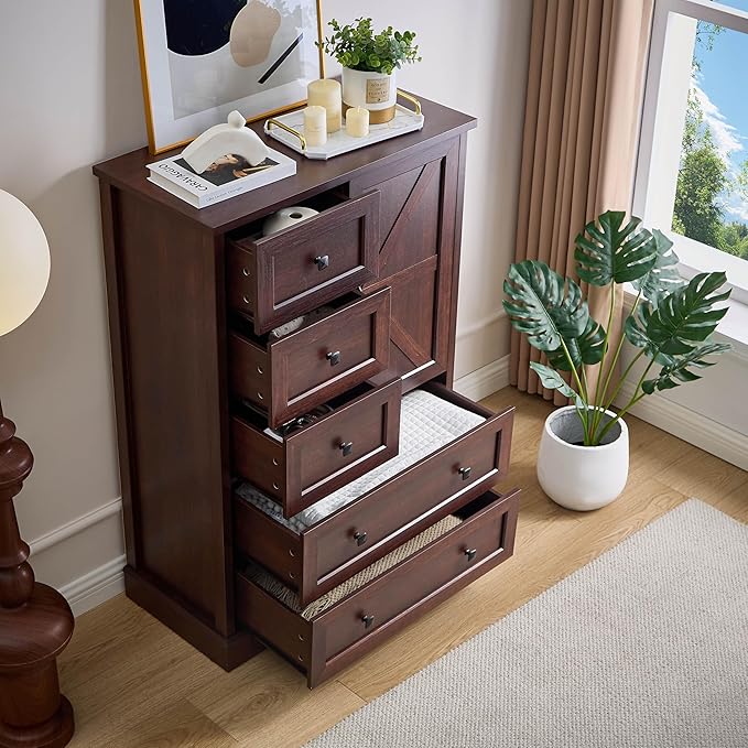 SOOWERY Dark Cherry Dresser for Bedroom, 5 Drawer Farmhouse Wood Dressers with Double Storage Cabinet, 48 Inches Tall Chest of Drawers for Bedroom, Living Room, Hallway