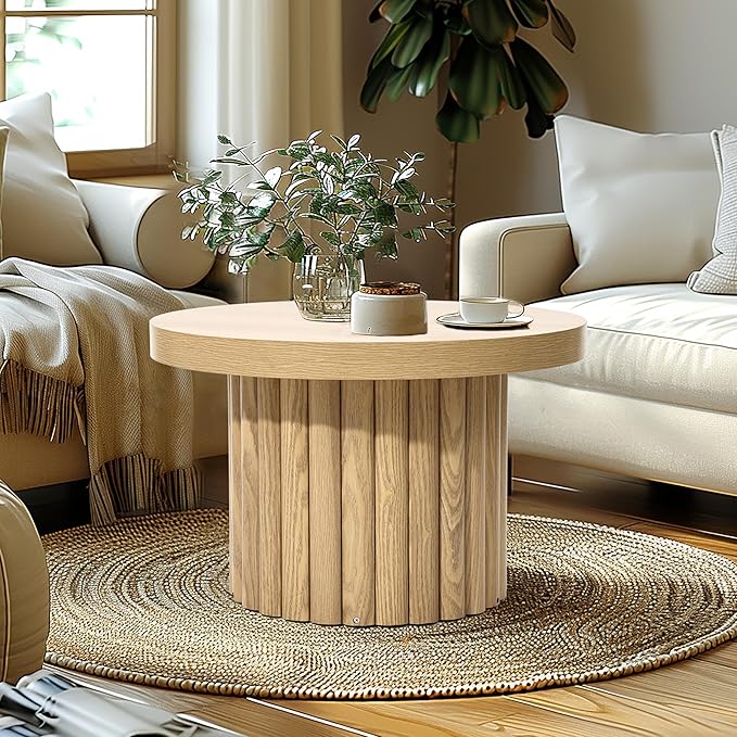 LuxenHome End Table, 23.6" Wide Brown Wood Fluted Round Coffee Table Modern Side Table for Living Room Round Wood Accent Table Bedroom Small Table