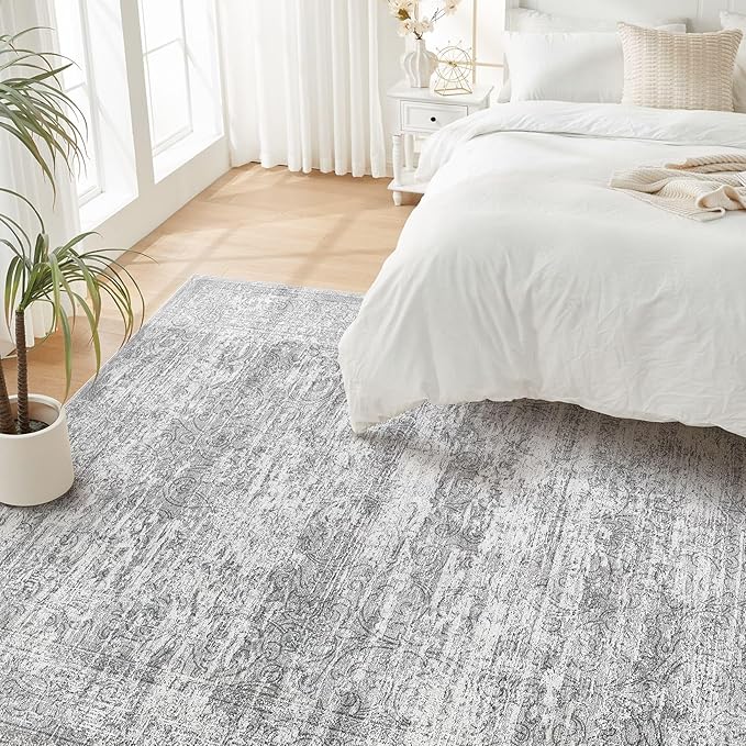 Area Rug Living Room Rugs - 6x9 Abstract Large Soft Indoor Washable Rug Neutral Modern Low Pile Carpet for Bedroom Dining Room Farmhouse Home Office - Vintage Grey
