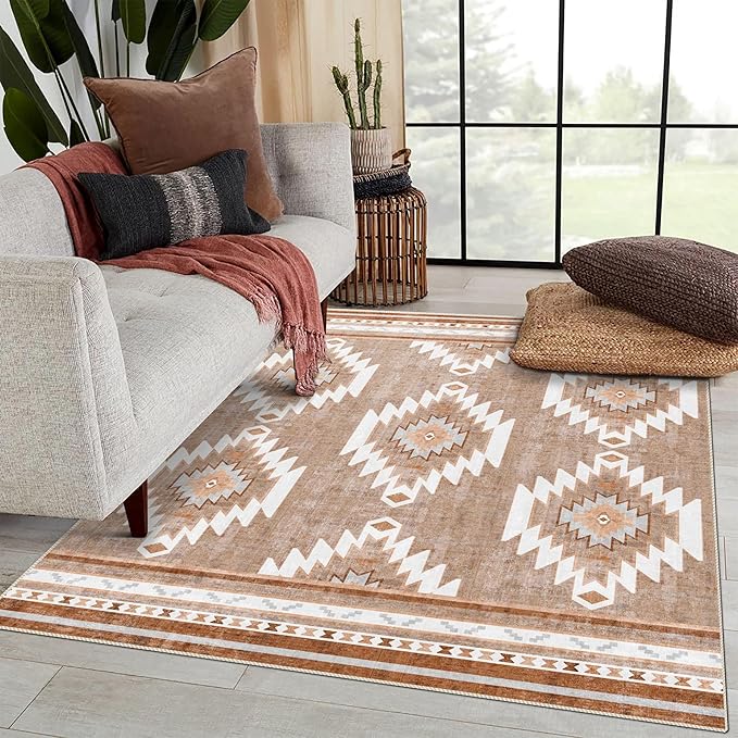 5x7 Area Rugs - Ultra-Thin Washable Rug with Non-Slip Backing, Ideal for Living Room, Bedroom, Kitchen Floor Carpet - Western Style, Easy Clean, Durable, Camel