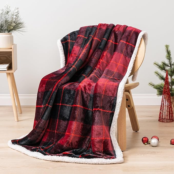 PAVILIA Red Plaid Sherpa Throw Blanket for Couch, Plush Flannel Fleece, Soft Fuzzy Cabin for Sofa Bed, Warm Cozy Winter Gift, 50x60