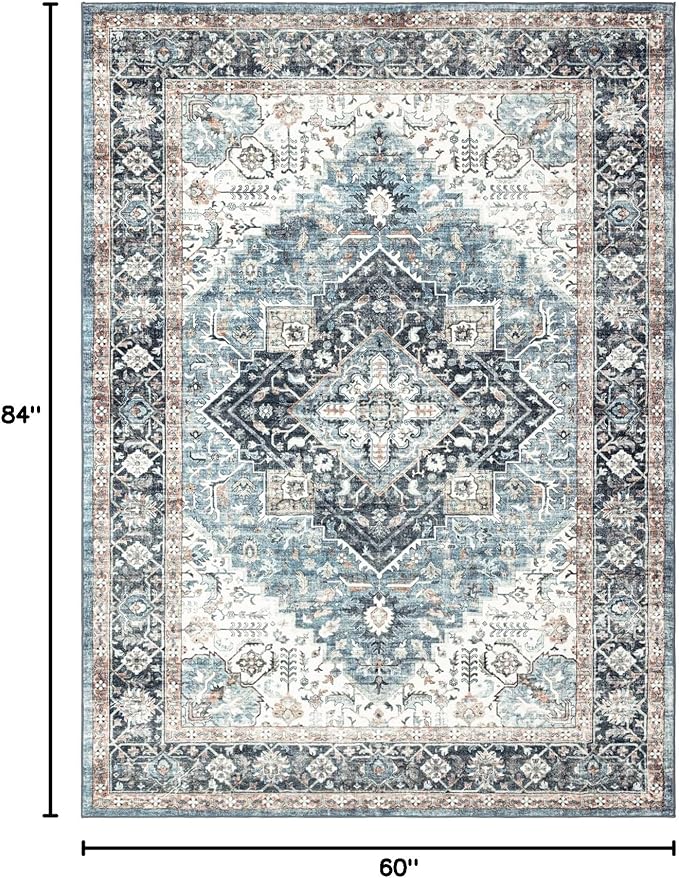 Area Rug 5×7, Vintage Boho Rug,Ultra-Soft Low Pile, Washable, Non Slip,Stain Resistant Printed Carpet for Living Room Bedrooms Playroom Office Kitchen, Blue/Navy