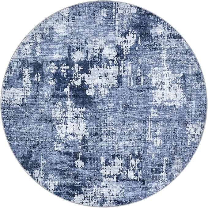 8ft Round Area Rug Living Room Rugs - 8x8 Washable Large Soft Indoor Neutral Modern Abstract Low Pile Rug Carpet for Bedroom Dining Room Farmhouse Home Office - Navy Blue
