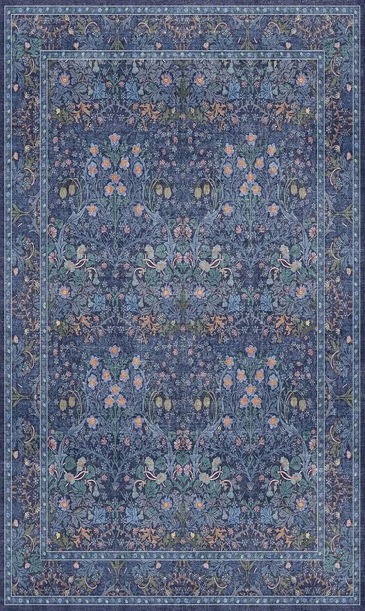 Vintage Dark Blue 3x5 Area Rugs for Entryway, Bedroom Beside Rug, Kitchen, Laundry Room, Non-Slip Low Pile Ultra Soft Stain Resistant Small Floral Carpet - Boho Plant Dusky Navy Decor