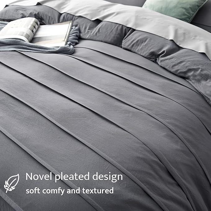Oli Anderson Grey Duvet Cover King Size - Pleated King Duvet Cover, 3PCS Soft and Breathable Textured Bedding Set with Zipper Closure(Grey,104"x90")