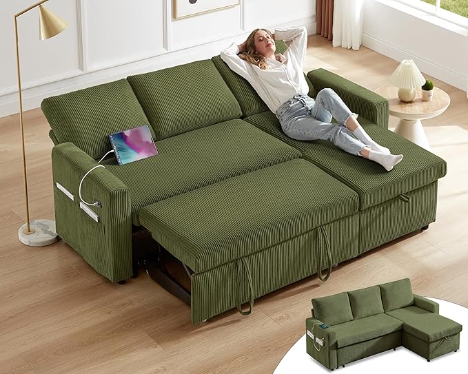 Vipbear 80" Sectional Sleeper Sofa Bed with Pull Out Bed, L Shaped Couch Pull Out Couch with Reclining Backrest, Reversible Storage Chaise, USB Ports, Tool-Free Assembly, Corduroy Olive Green