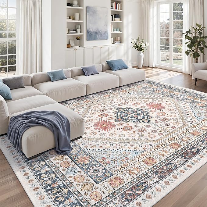 zesthome 9x12 Area Rugs for Living Room,Non-Slip Backing Washable Rugs,Vintage Large Area Rug，Stain Resistant Home Decor Rug (Multi,9'x12')