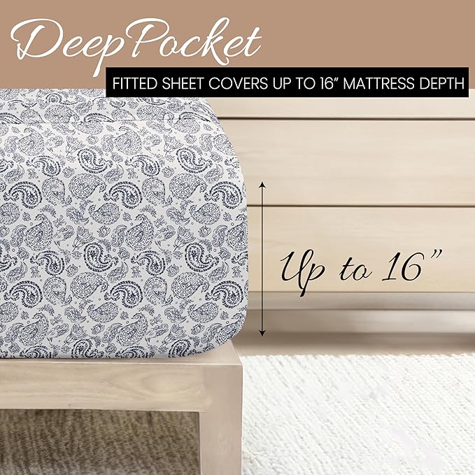 Linen Market Patterned Microfiber King Sheet Set 4 Piece – Oeko-TEX Certified Ultra Soft & Wrinkle-Free - 16" Deep Pocket Sheets - Easy Care King Size - Coarse Paisley Navy