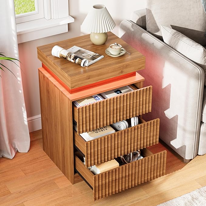 Nightstand with Charging Station & LED Lights, Small Modern Fluted Bedside & End Table with 3 Drawers, Sliding Top & Hidden Storage, Wooden Farmhouse Night Stand for Bedroom Office or Sofa, Walnut