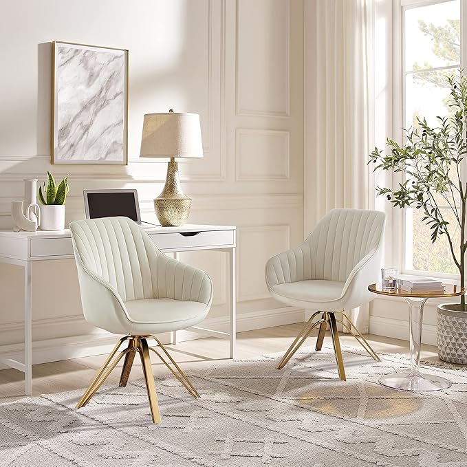 Zouron Mid Century Modern Swivel Accent Chair with Gold Metal Legs, Upholstered Swivel Chair No Wheels, Side Accent Arm Chair Vanity Chair for Small Space Home Office Living Room Bedroom, Off White