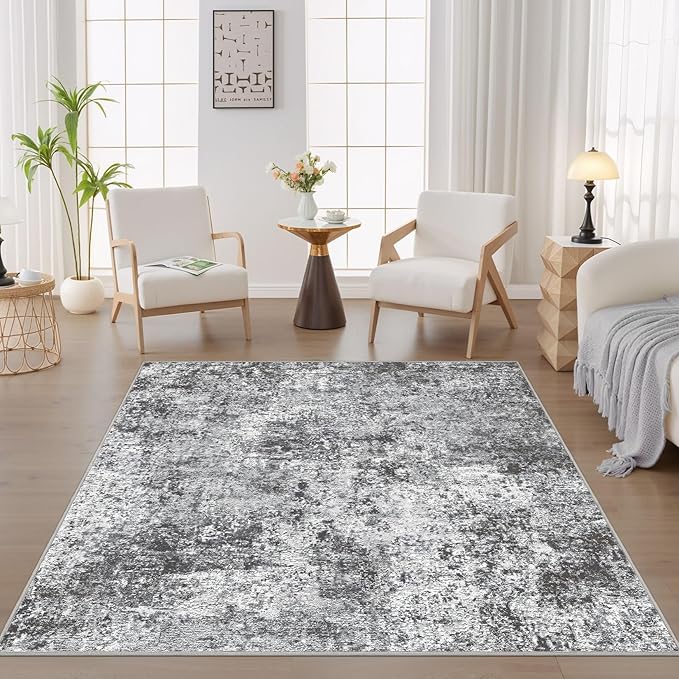 Square Area Rug Living Room Rugs - 6x6 Washable Large Soft Indoor Neutral Modern Abstract Low Pile Rug Carpet for Bedroom Dining Room Farmhouse Home Office - Grey
