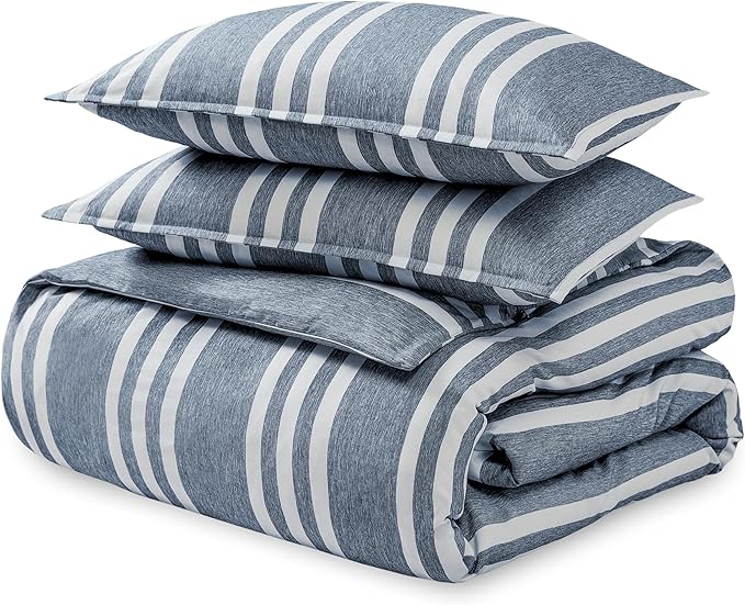 Bare Home Bedding Duvet Cover Queen Size - Premium 1800 Super Soft Collection - Lightweight, Cooling, Soft Breathable Duvet Cover (Queen, Stripe - Heathered Midnight Blue)