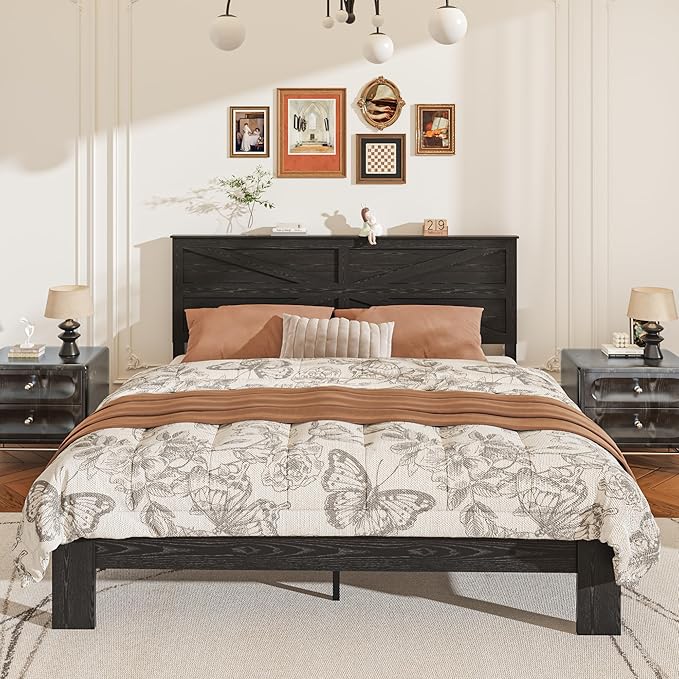 King Size Bed Frame with Farmhouse Headboard, Rustic Boho Wooden Bedframe with LED Lights and Charging Station, Easy Assembly, No Box Spring Needed (Black, King)