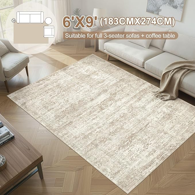 Area Rug Living Room Rugs - 6x9 Abstract Large Soft Indoor Washable Rug Neutral Modern Low Pile Carpet for Bedroom Dining Room Farmhouse Home Office - Vintage Beige