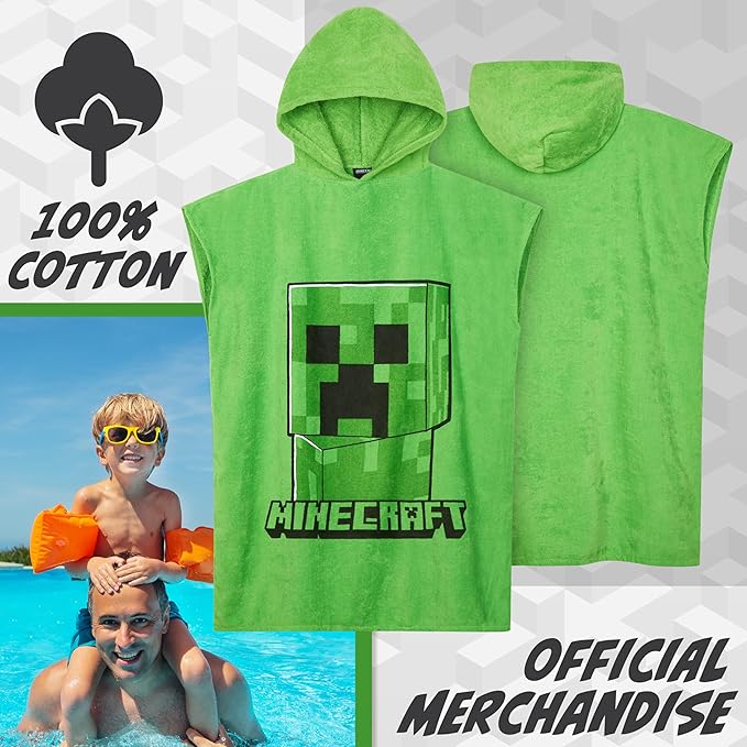 Minecraft Towelling Poncho Kids Teens Hooded Bath Towels Absorbent Beach Towel (Green, 10-13 Years)