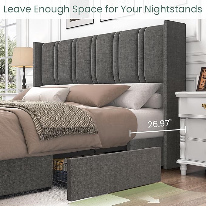 LARMACE King Size Bed Frame with Storage Drawers and Wingback Headboard, Linen Upholstered Platform Bed Frame with Wooden Slats, Easy Assembly, Light Grey